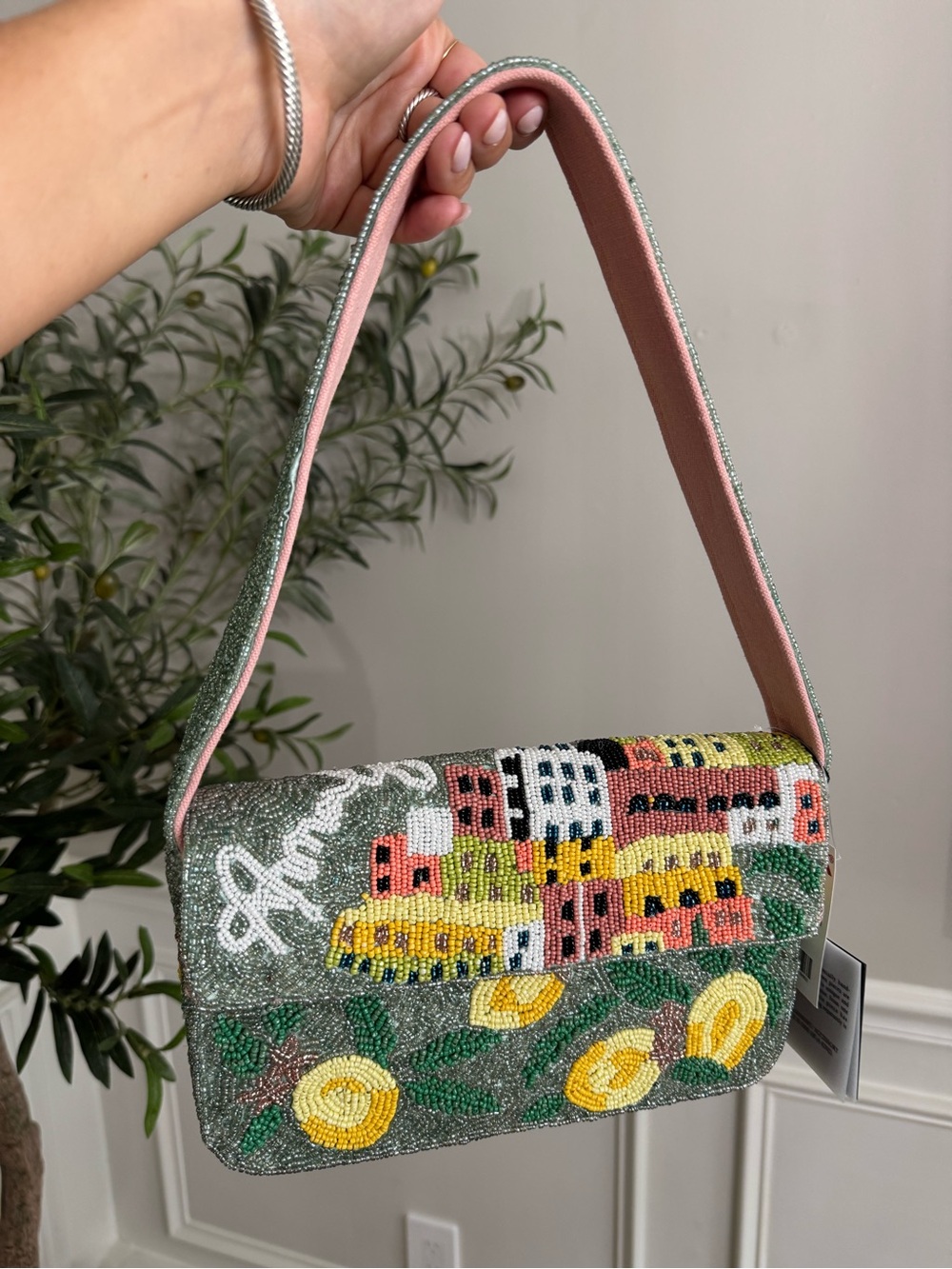 America & Beyond Green Amalfi Coast with Lemons Beaded shoulder bag